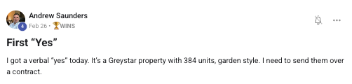 First verbal yes on a 384-unit Greystar property