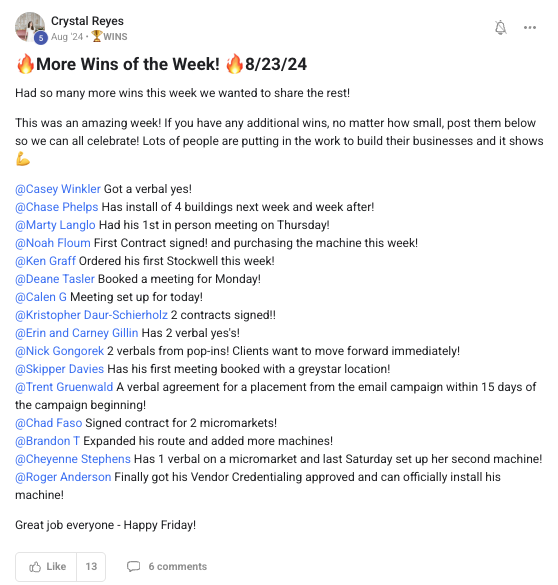 Wins of the week: verbals, installs, and first machines
