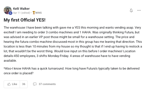 First yes from a warehouse wanting vending ASAP