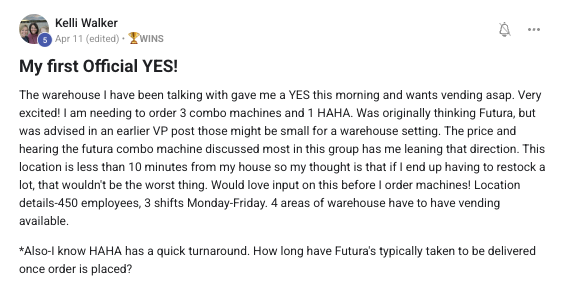 First yes from a warehouse wanting vending ASAP